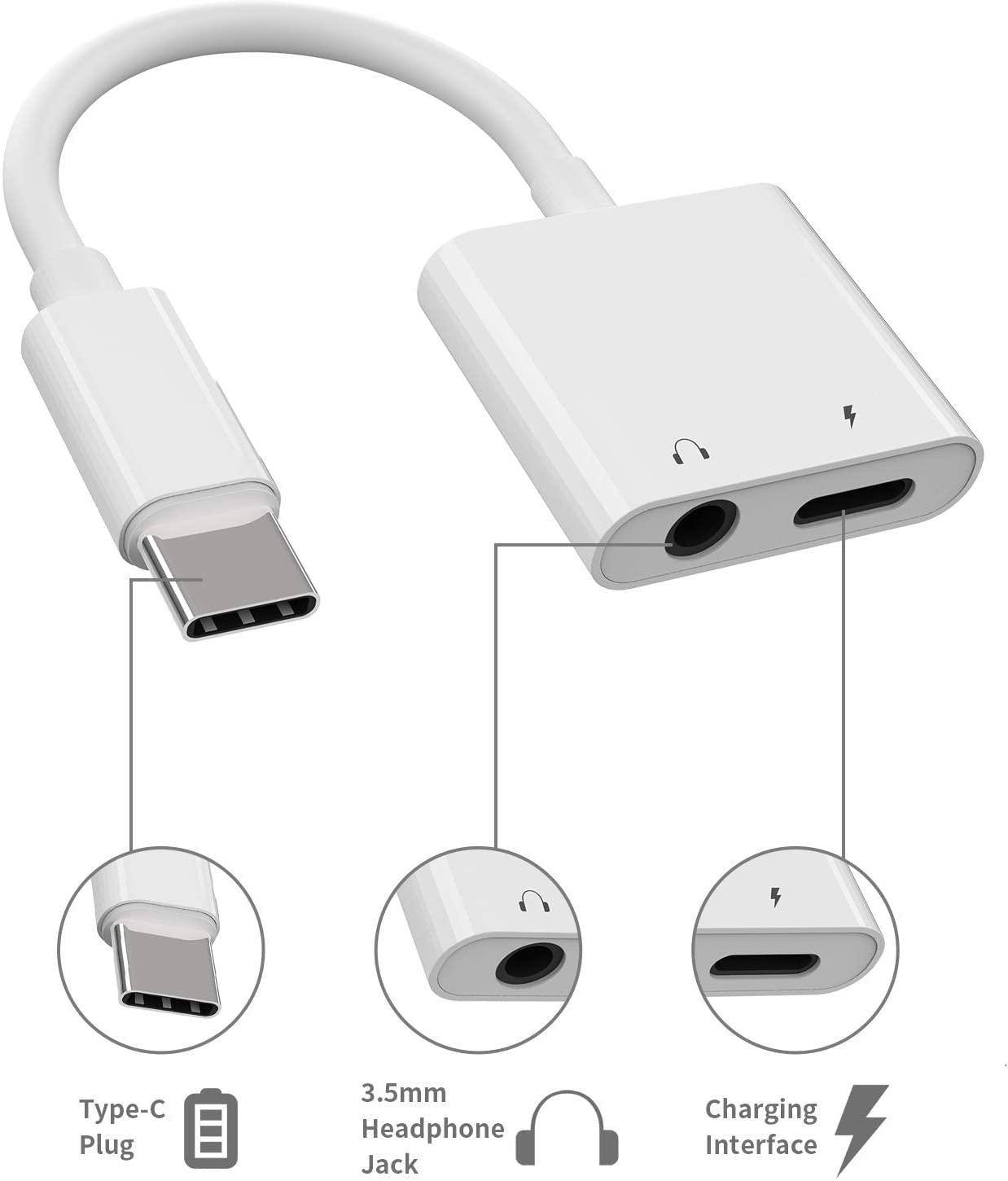 Type-C to 3.5mm Audio and charging adapter.