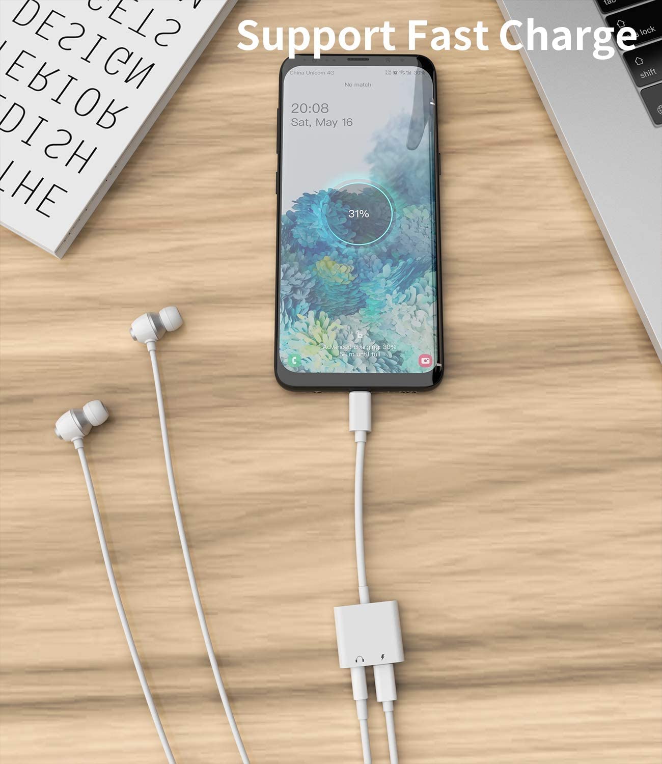 Type-C to 3.5mm Audio and charging adapter.