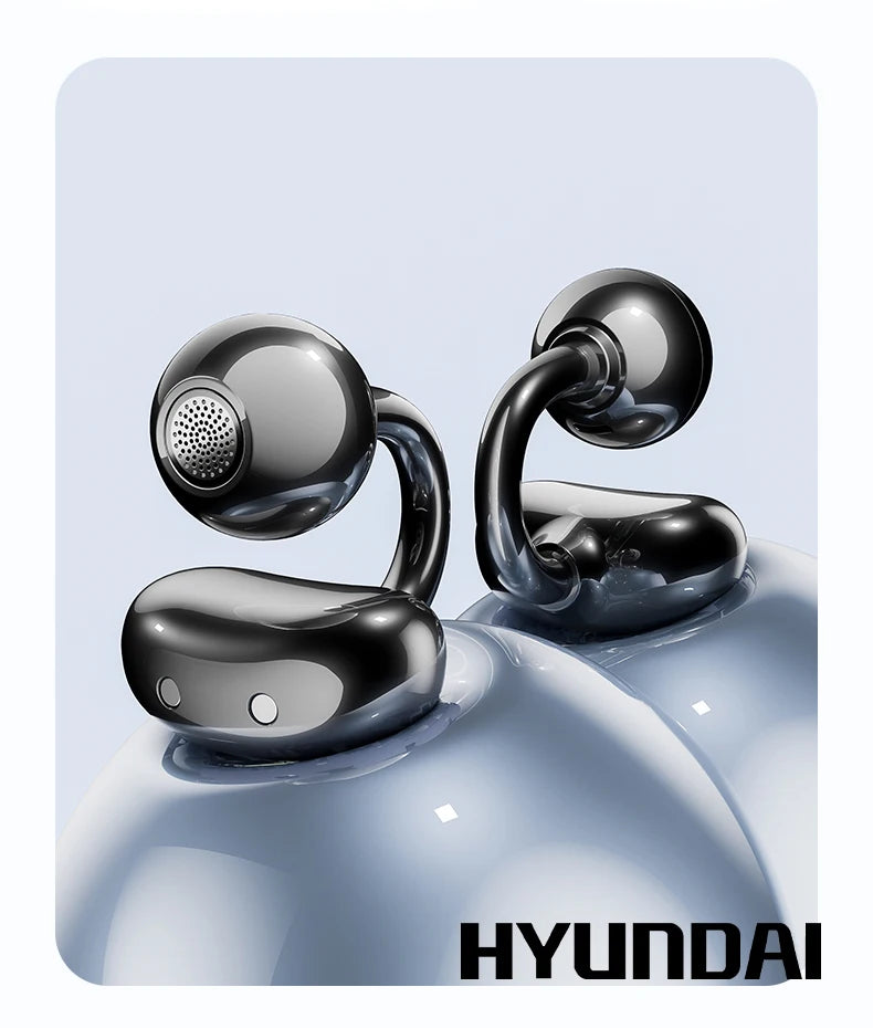 Hyundai wireless earbuds with minimalist design on a light gray background