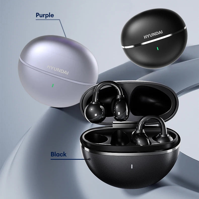 Hyundai wireless earbuds in black and purple with open and closed cases on a gray background.