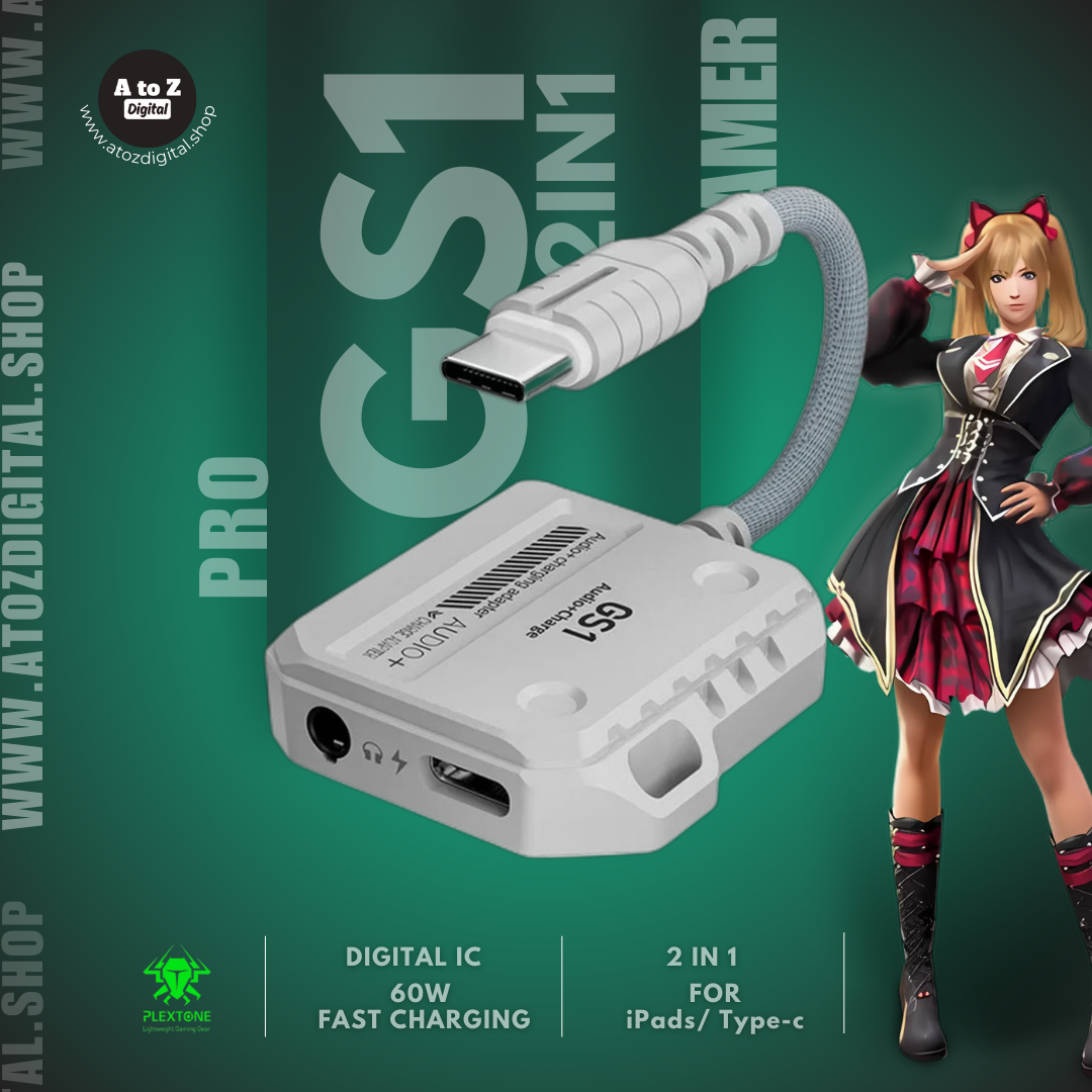 Plextone GS1 2 in 1 Gaming Adapter with Type-C 60W Fast Charging & 3.5mm 3D Stereo Sound