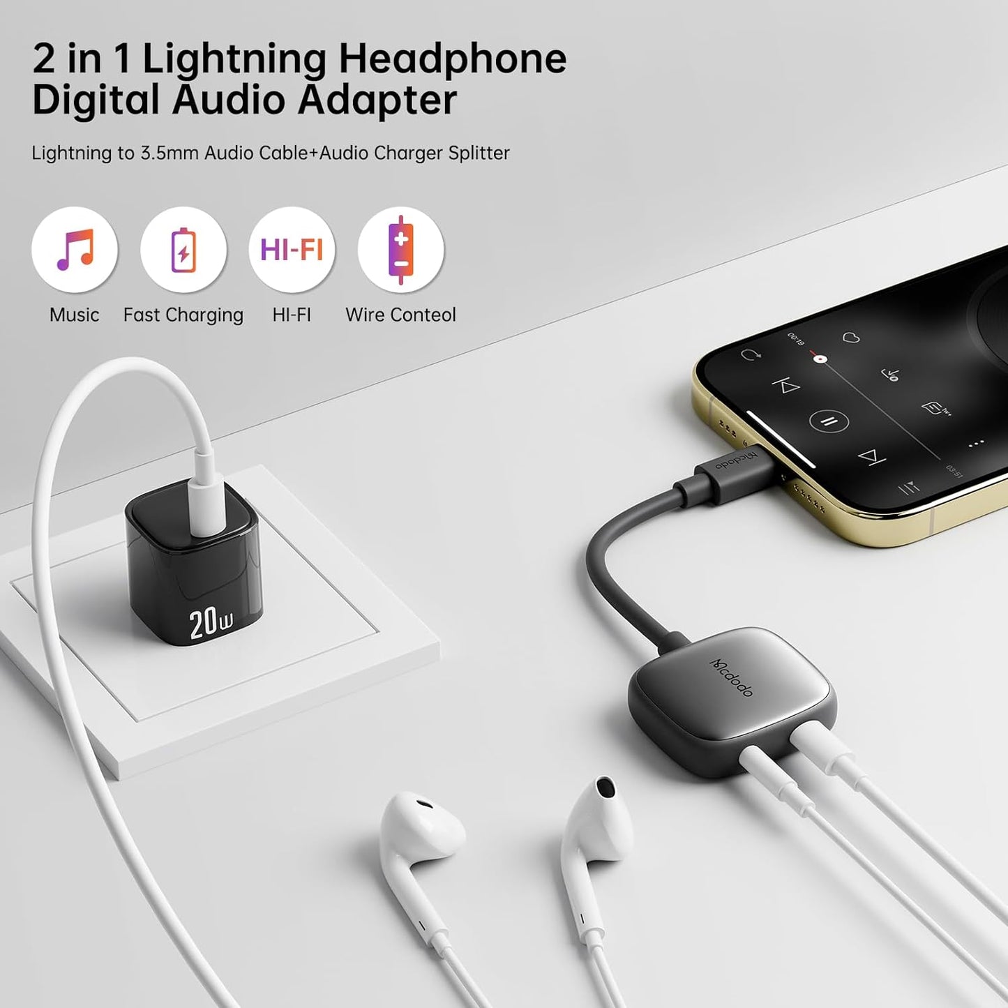 Mcdodo Lightning to 3.5mm Audio Charger Splitter.